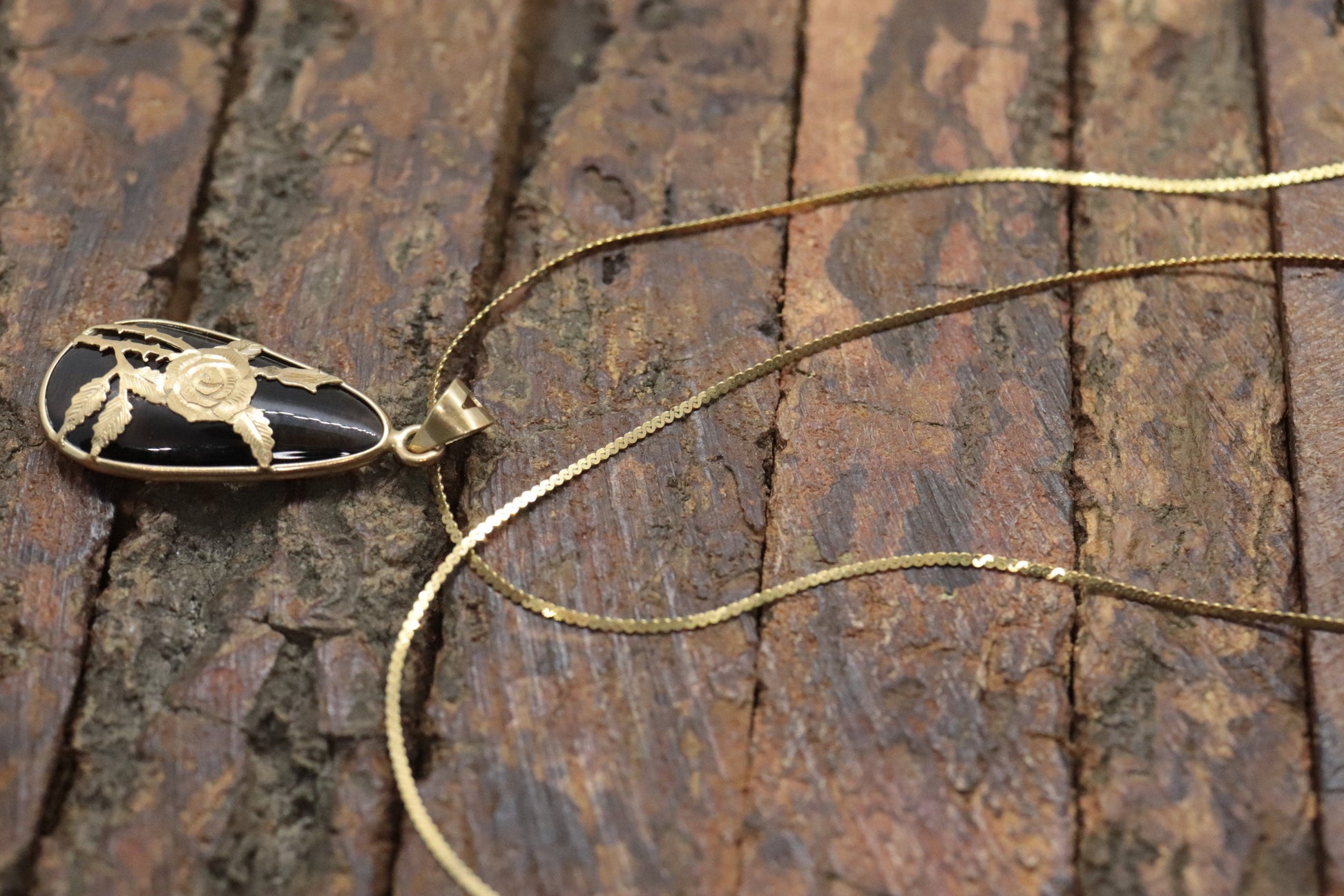 14k Rose Flower setting and a Smoky Quartz Pendant. Engraved and Stamped ROSE Necklace st(63/25)