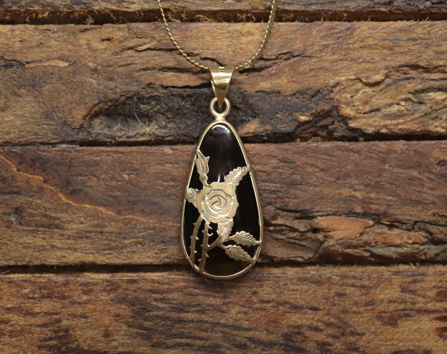 14k Rose Flower setting and a Smoky Quartz Pendant. Engraved and Stamped ROSE Necklace st(63/25)