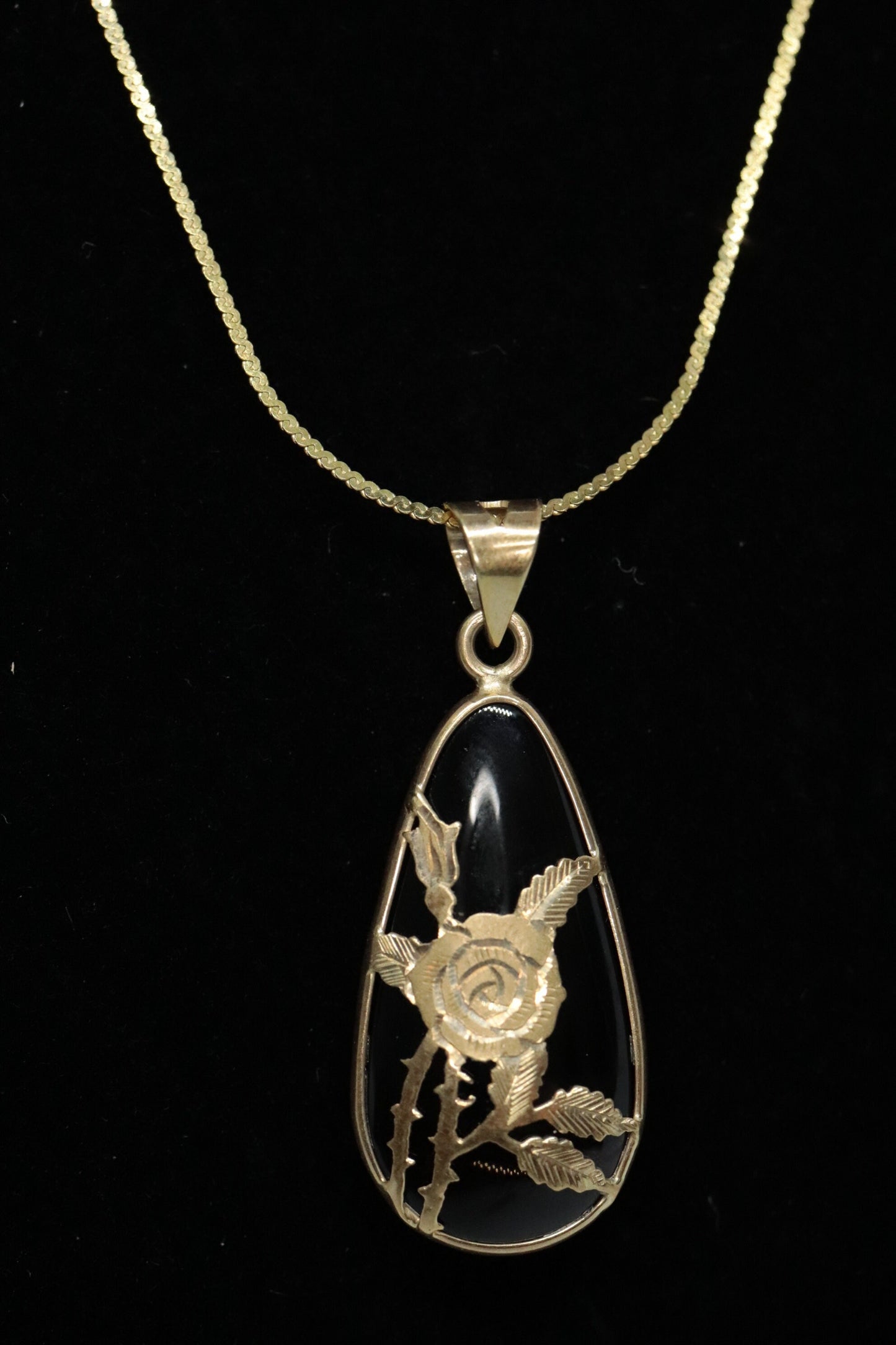 14k Rose Flower setting and a Smoky Quartz Pendant. Engraved and Stamped ROSE Necklace st(63/25)