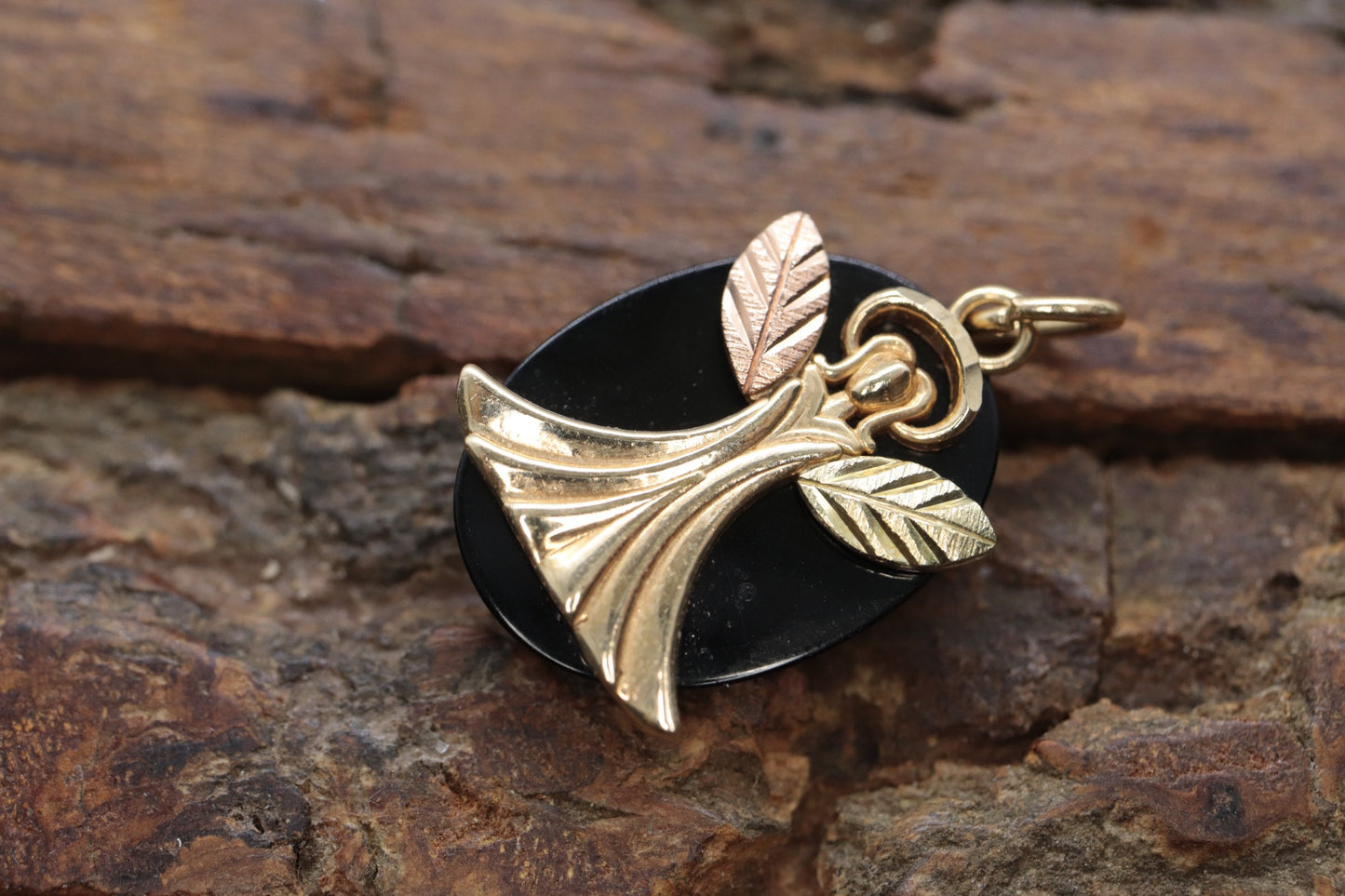 Black Hills Gold Angel Onyx Pendant. 10k multi tone Black Hills Gold Guardian Angel Pendant (58/65)