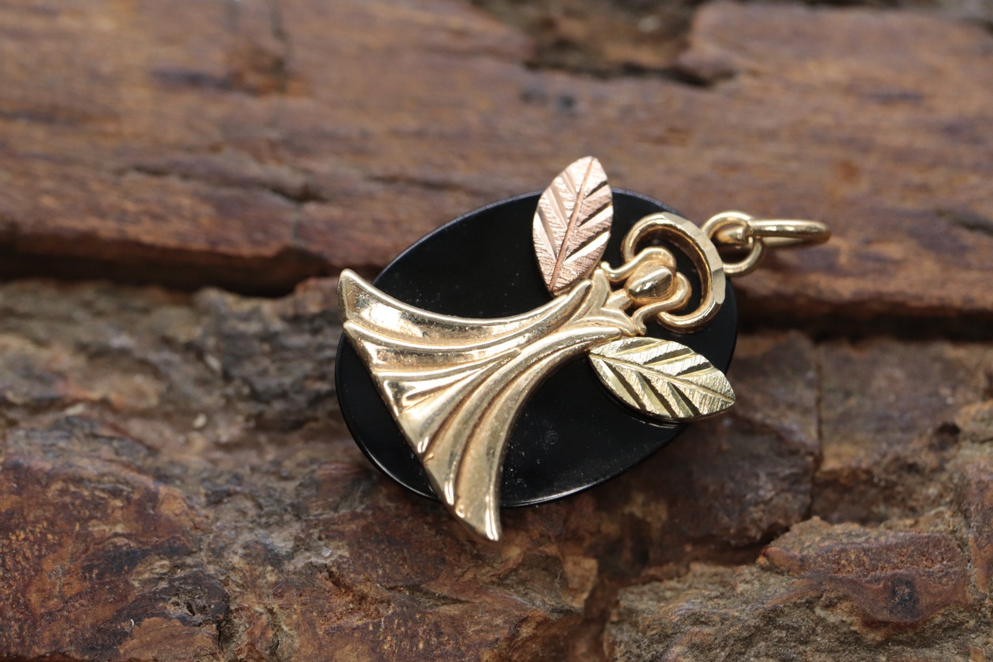 Black Hills Gold Angel Onyx Pendant. 10k multi tone Black Hills Gold Guardian Angel Pendant (58/65)