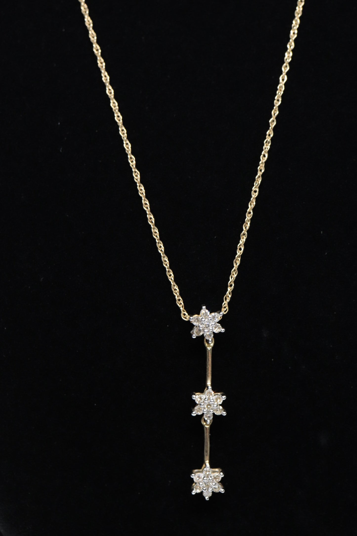 14k 3 Diamond Past Present Future Journey Pendant. 14k Yellow gold cluster diamond pendant Rope necklace. st (74/75)