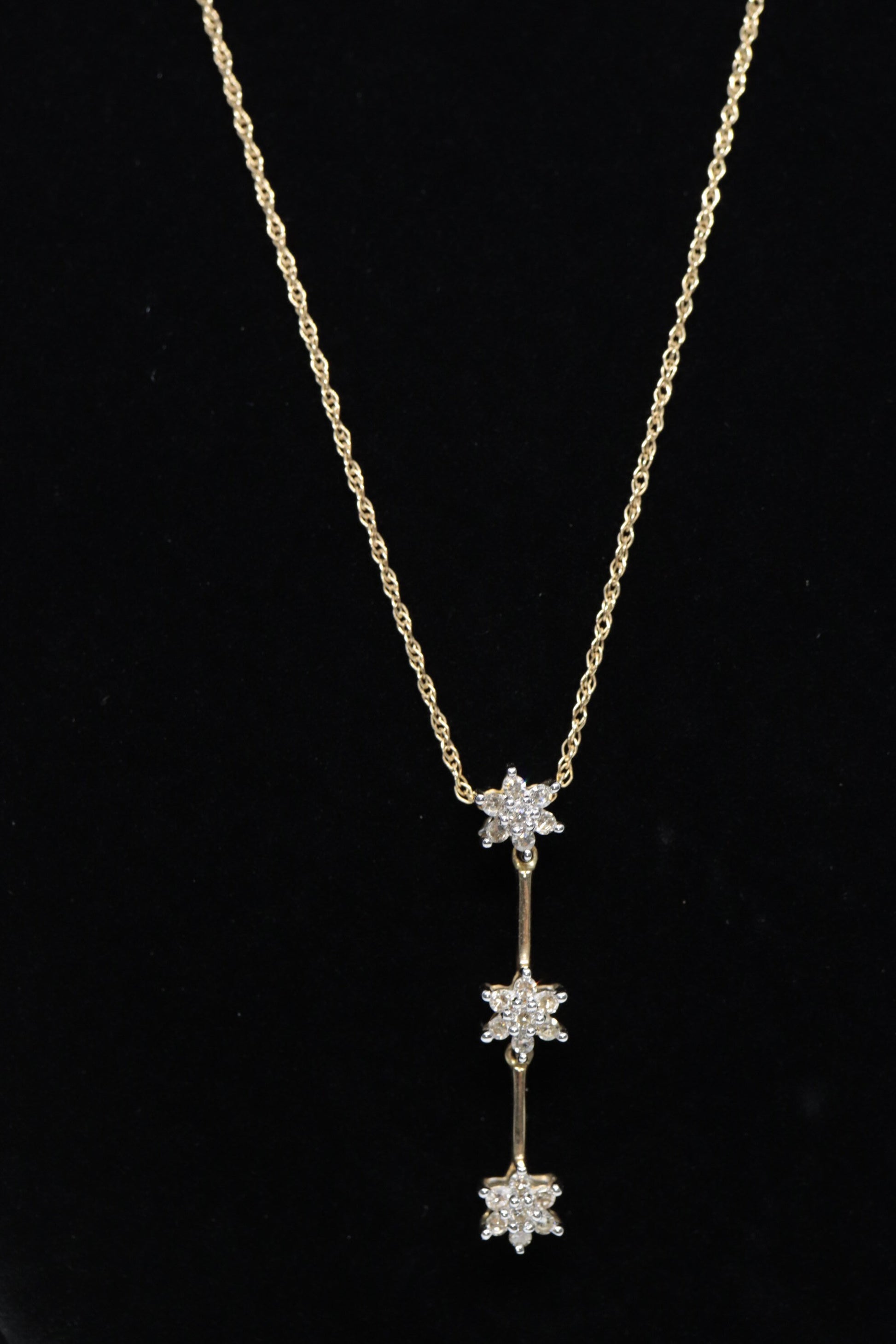 14k 3 Diamond Past Present Future Journey Pendant. 14k Yellow gold cluster diamond pendant Rope necklace. st (74/75)