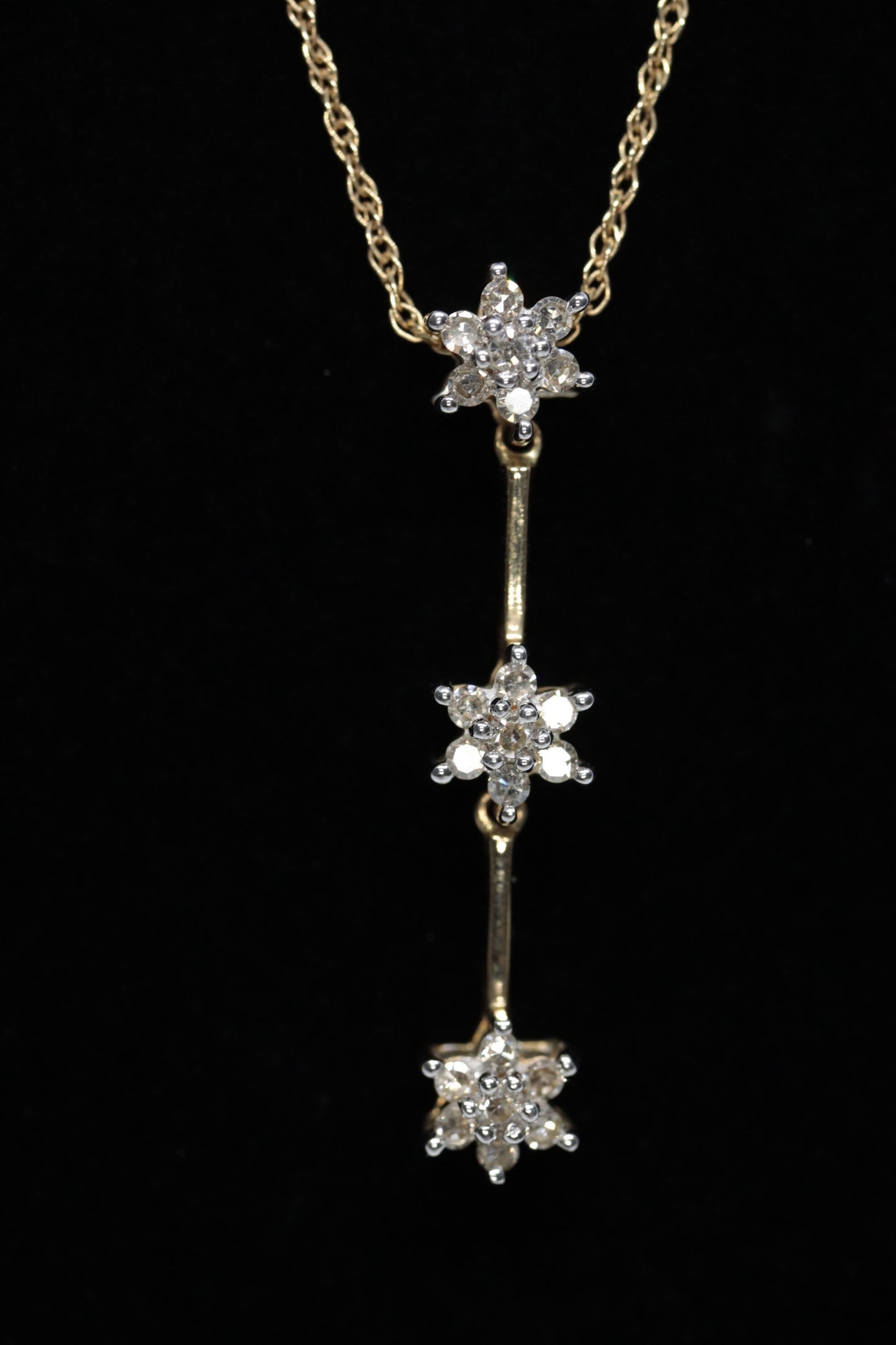 14k 3 Diamond Past Present Future Journey Pendant. 14k Yellow gold cluster diamond pendant Rope necklace. st (74/75)