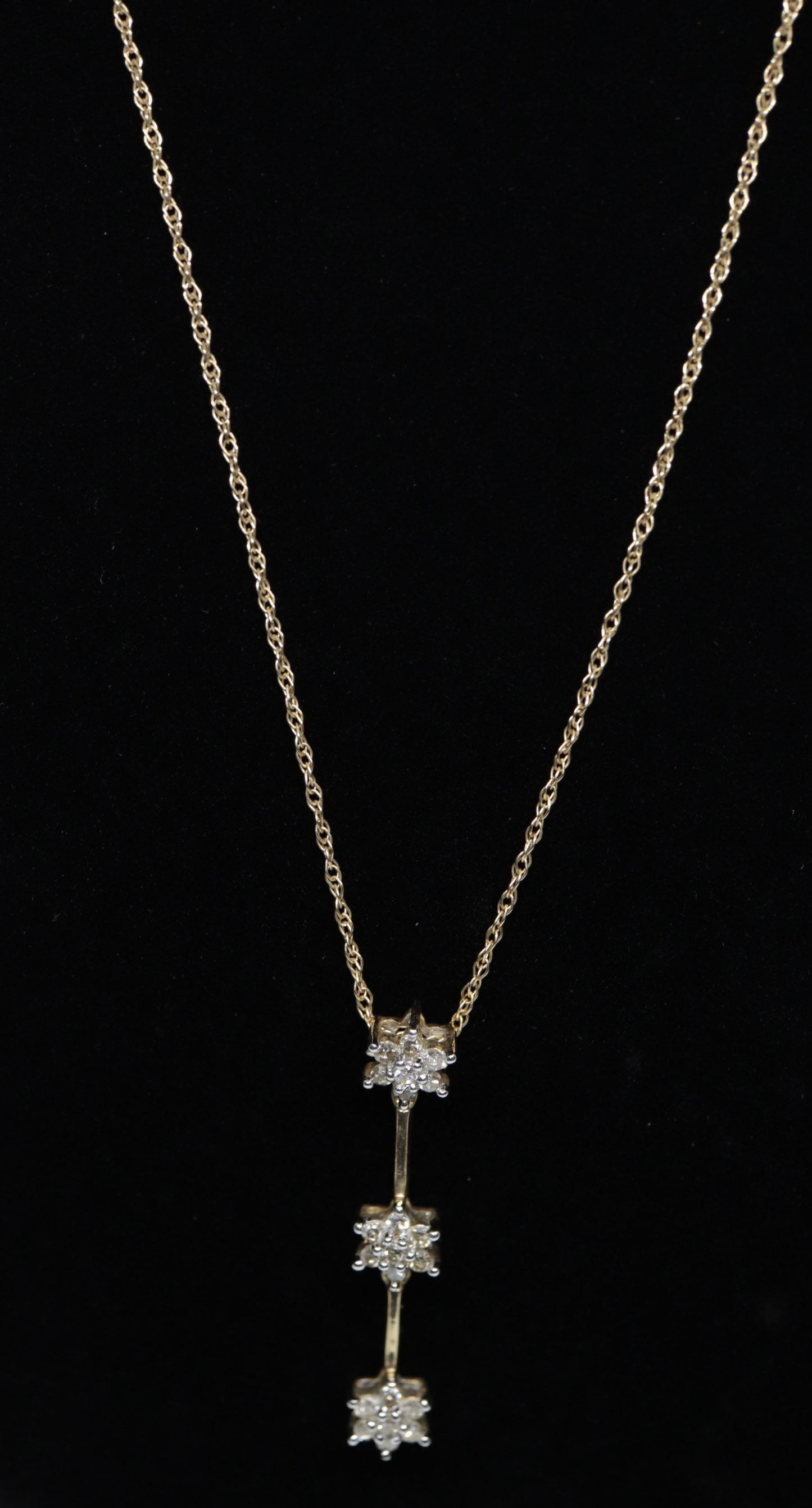 14k 3 Diamond Past Present Future Journey Pendant. 14k Yellow gold cluster diamond pendant Rope necklace. st (74/75)