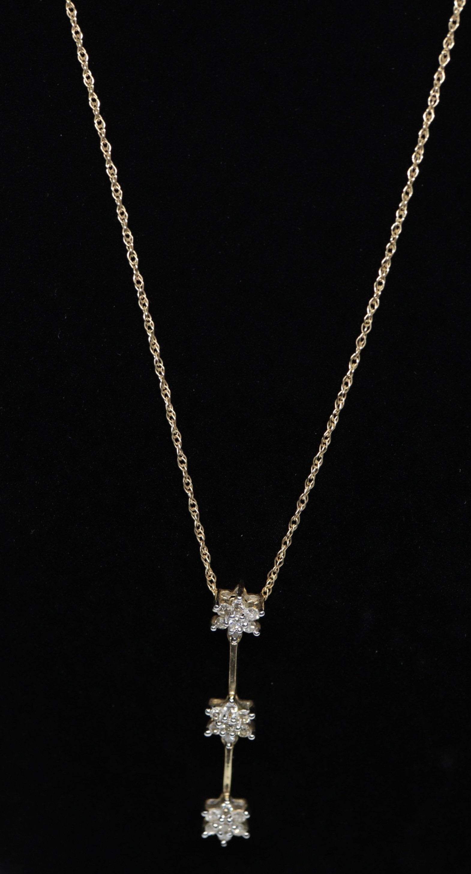 14k 3 Diamond Past Present Future Journey Pendant. 14k Yellow gold cluster diamond pendant Rope necklace. st (74/75)
