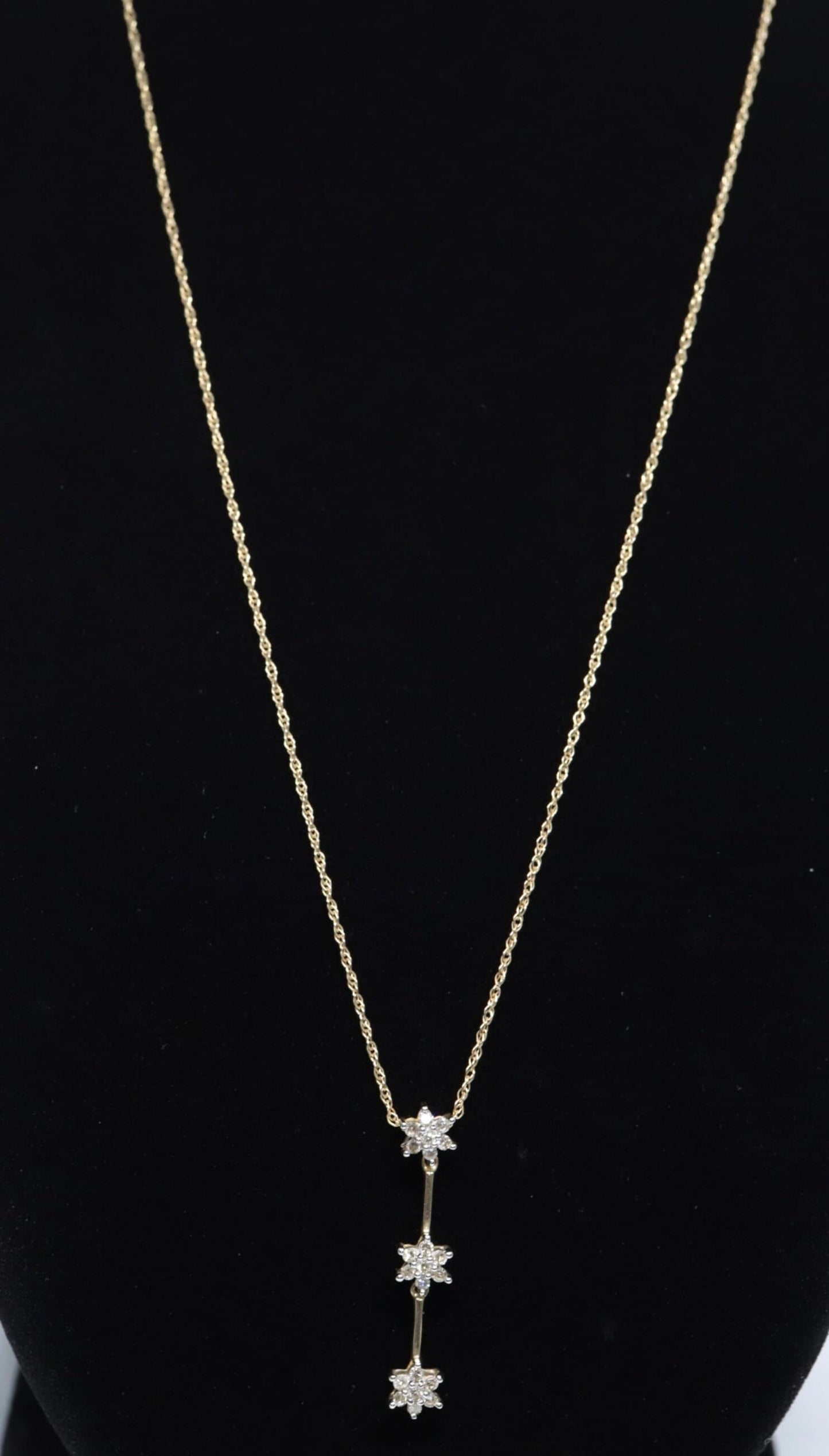 14k 3 Diamond Past Present Future Journey Pendant. 14k Yellow gold cluster diamond pendant Rope necklace. st (74/75)