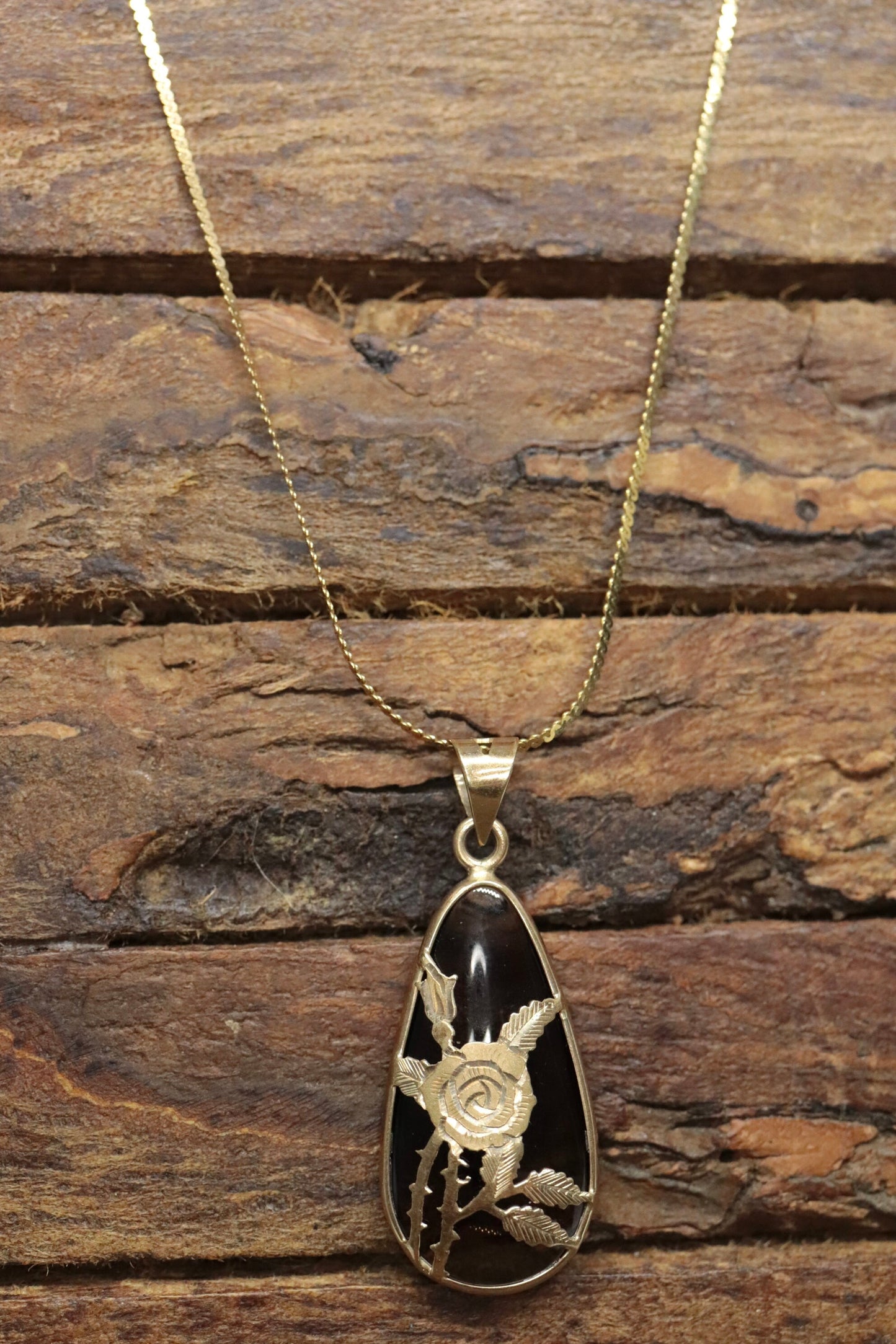 14k Rose Flower setting and a Smoky Quartz Pendant. Engraved and Stamped ROSE Necklace st(63/25)