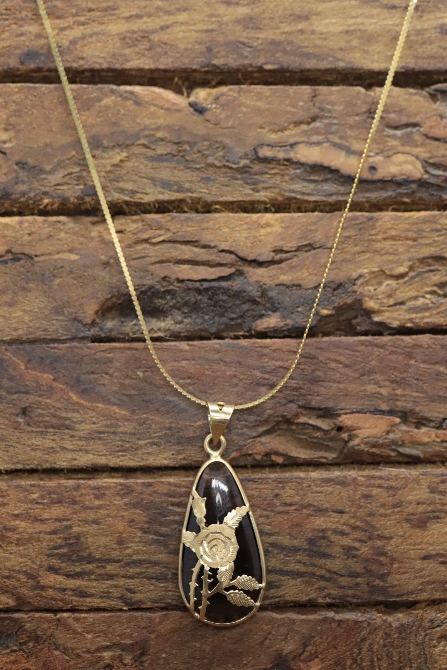 14k Rose Flower setting and a Smoky Quartz Pendant. Engraved and Stamped ROSE Necklace st(63/25)