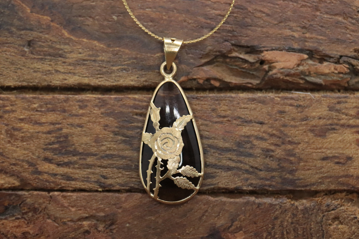14k Rose Flower setting and a Smoky Quartz Pendant. Engraved and Stamped ROSE Necklace st(63/25)