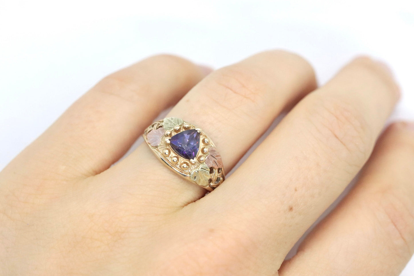 Black Hills Gold Ring. 10k Multi-Tone Mystic Topaz Trillion Black Hills Gold Statement Ring. st120/75