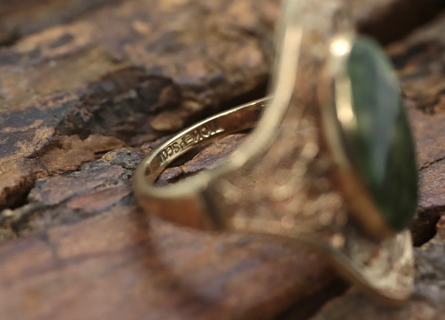 10k Open Flowers Shield and Green Moss Agate ring. Skinny Dainty 10k PSCo Stamped ring. st97/75