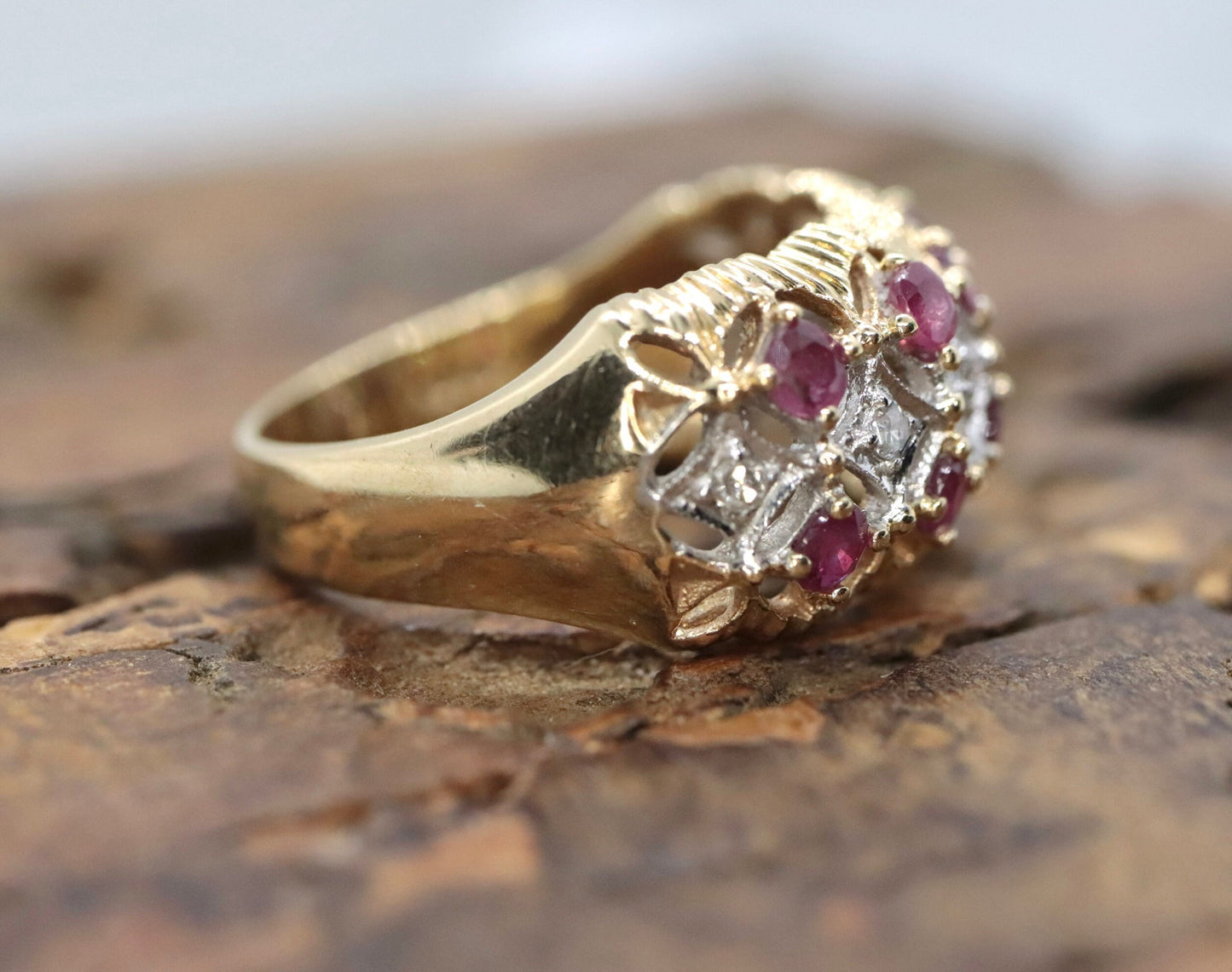 14k Ruby and Diamond Wide Cluster Filigree ring. 14k Yellow Gold and diamond ruby statement band st115/00