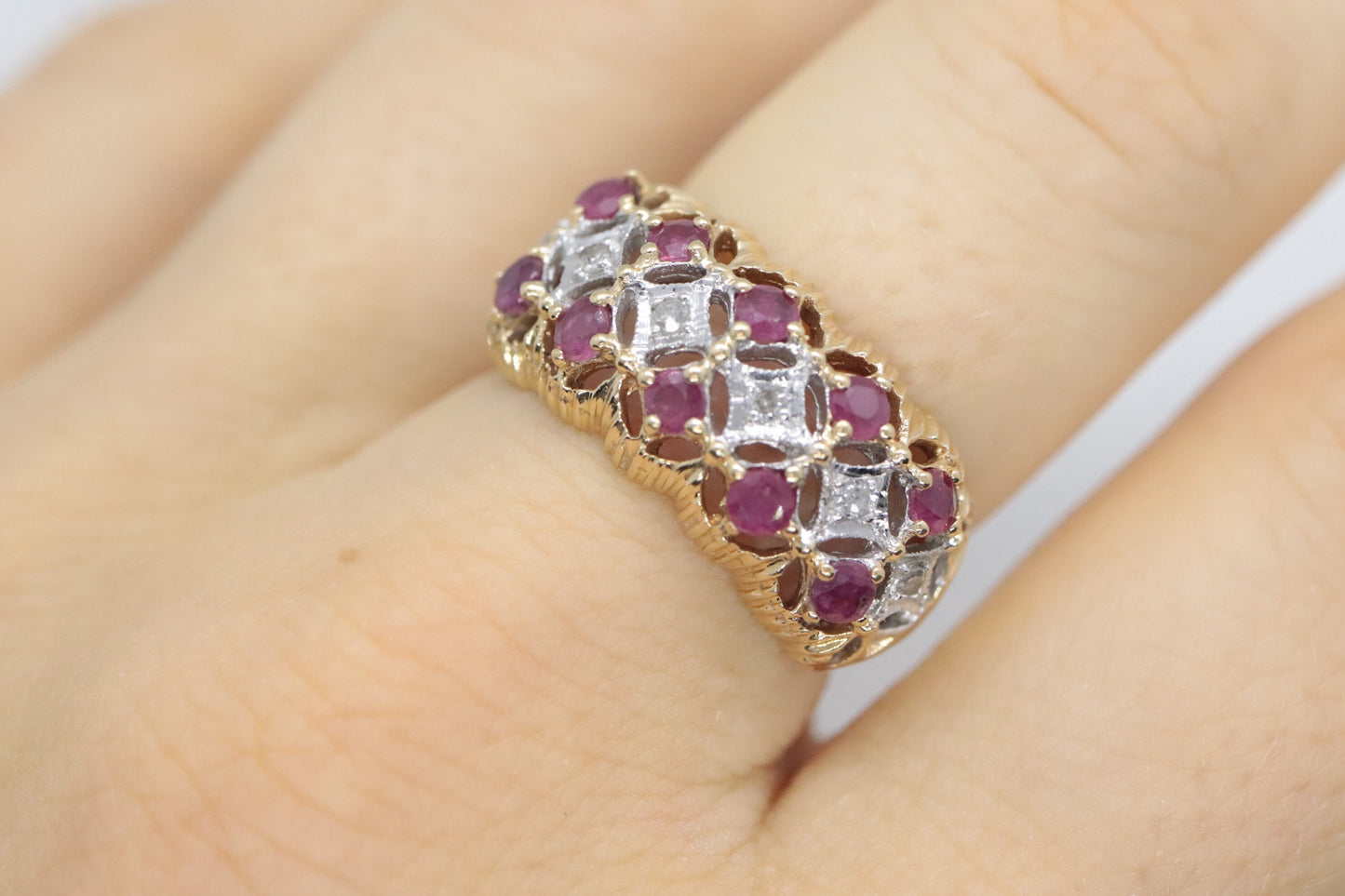 14k Ruby and Diamond Wide Cluster Filigree ring. 14k Yellow Gold and diamond ruby statement band st115/00