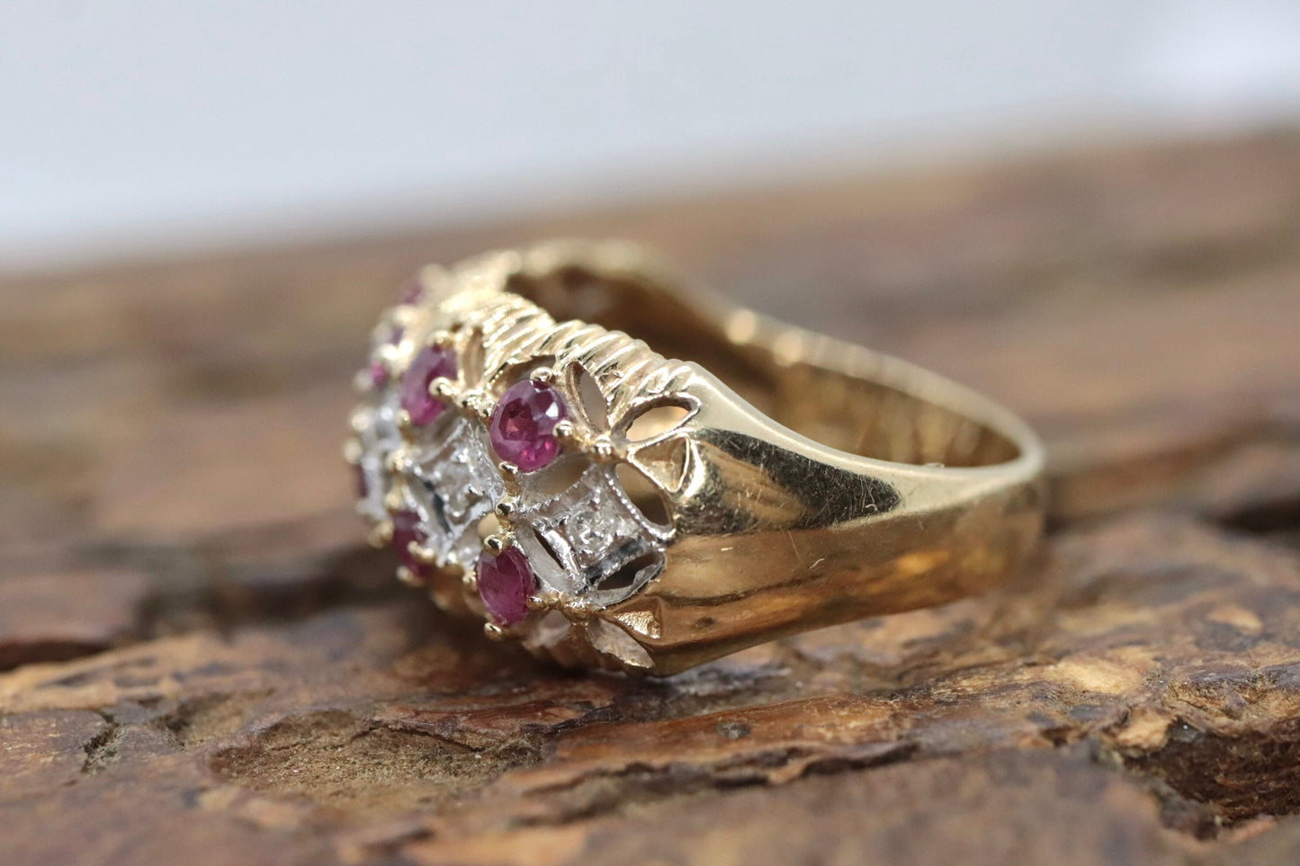 14k Ruby and Diamond Wide Cluster Filigree ring. 14k Yellow Gold and diamond ruby statement band st115/00