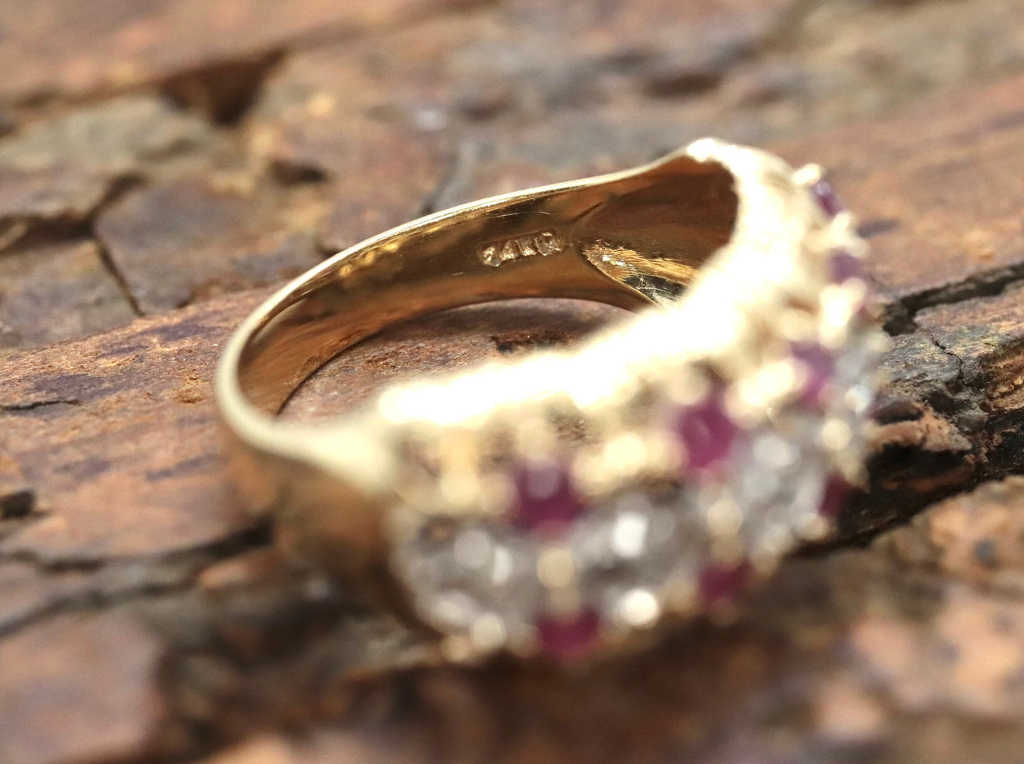 14k Ruby and Diamond Wide Cluster Filigree ring. 14k Yellow Gold and diamond ruby statement band st115/00