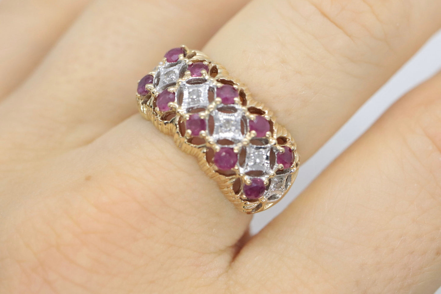 14k Ruby and Diamond Wide Cluster Filigree ring. 14k Yellow Gold and diamond ruby statement band st115/00