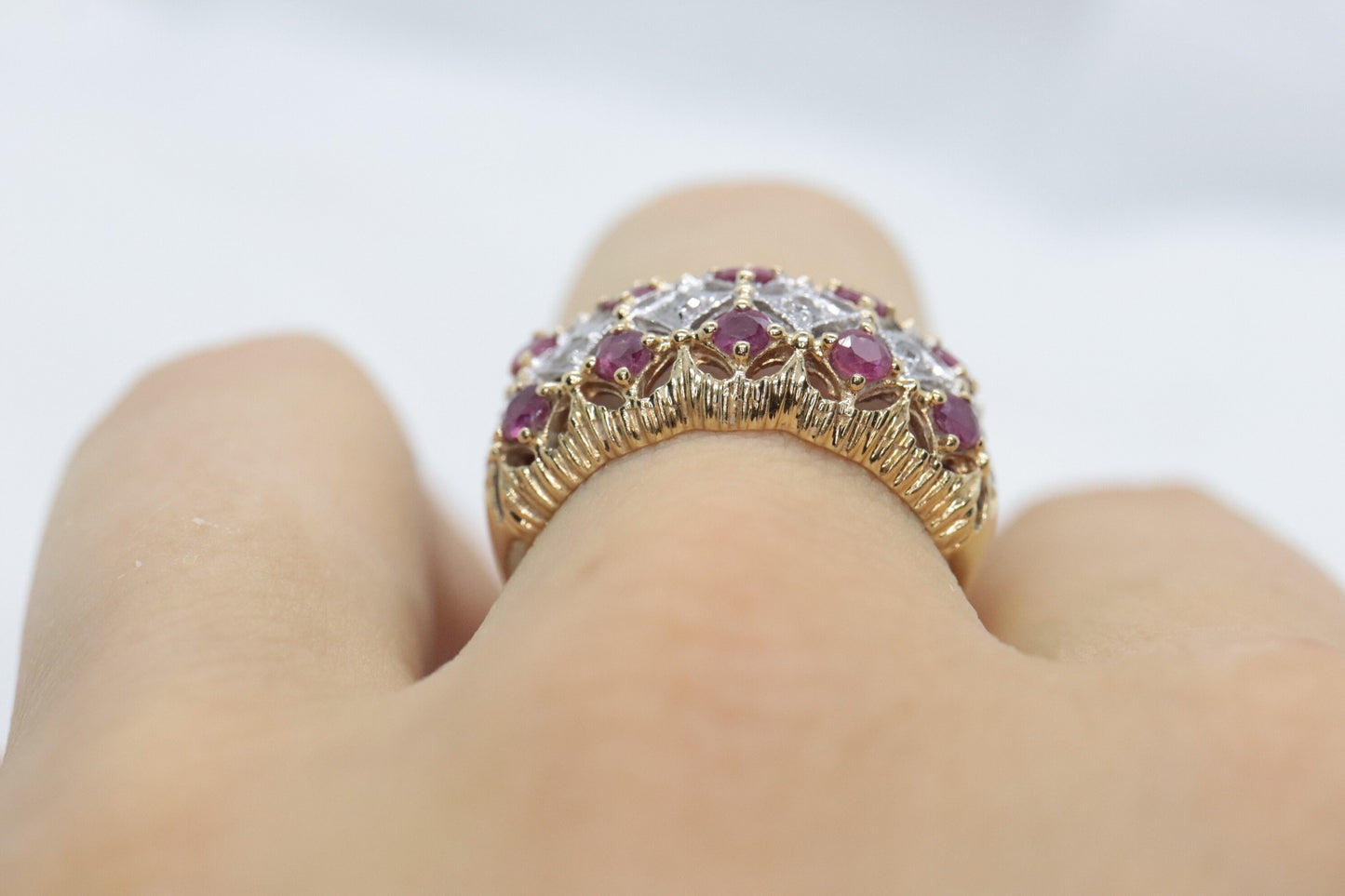 14k Ruby and Diamond Wide Cluster Filigree ring. 14k Yellow Gold and diamond ruby statement band st115/00