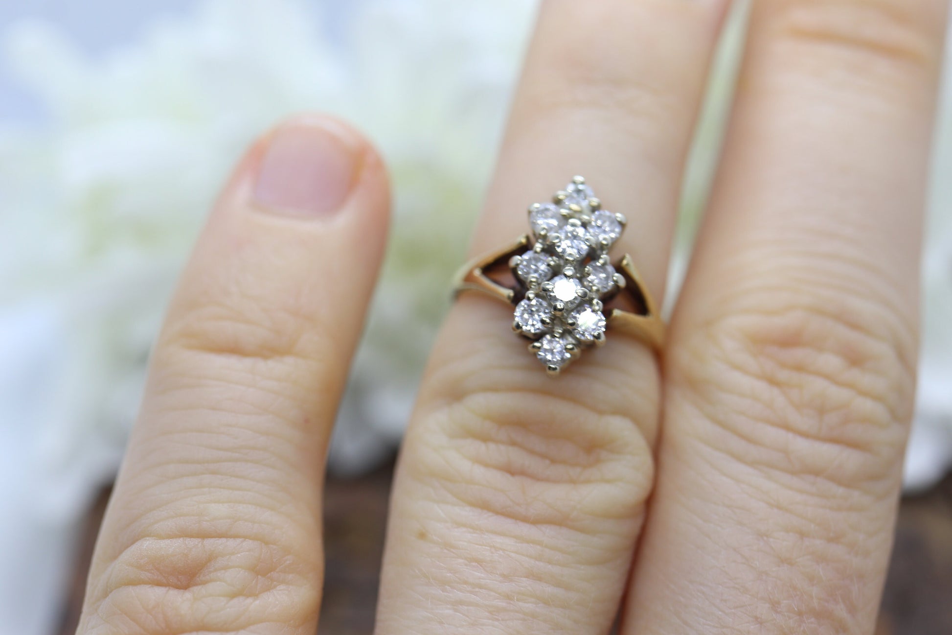 Vintage 14k Yellow Gold Ring. Round Diamond Cluster Ring. Waterfall diamond. 0.40ctw Engagement Ring. sz 3.5 st161/11