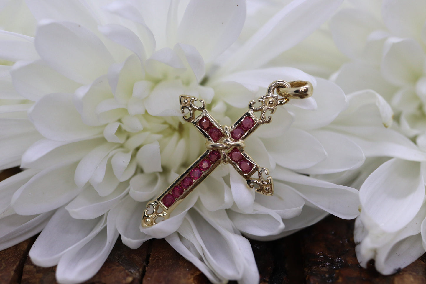 14k Ruby Cross Pendant. Crucifix Christian channel set rubies. st(80/50)