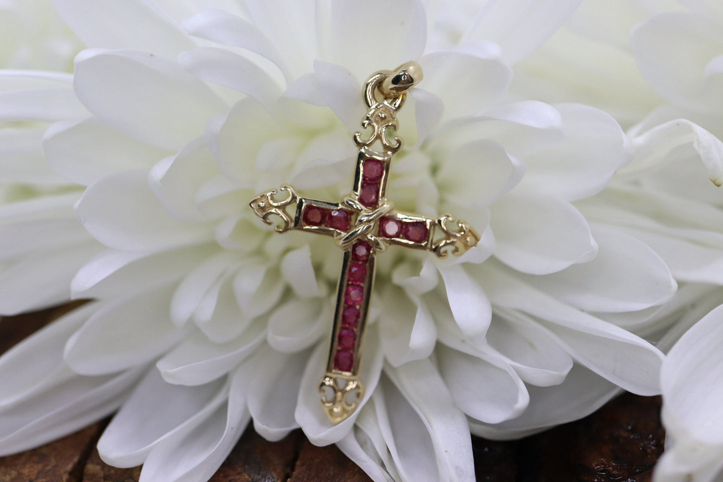 14k Ruby Cross Pendant. Crucifix Christian channel set rubies. st(80/50)