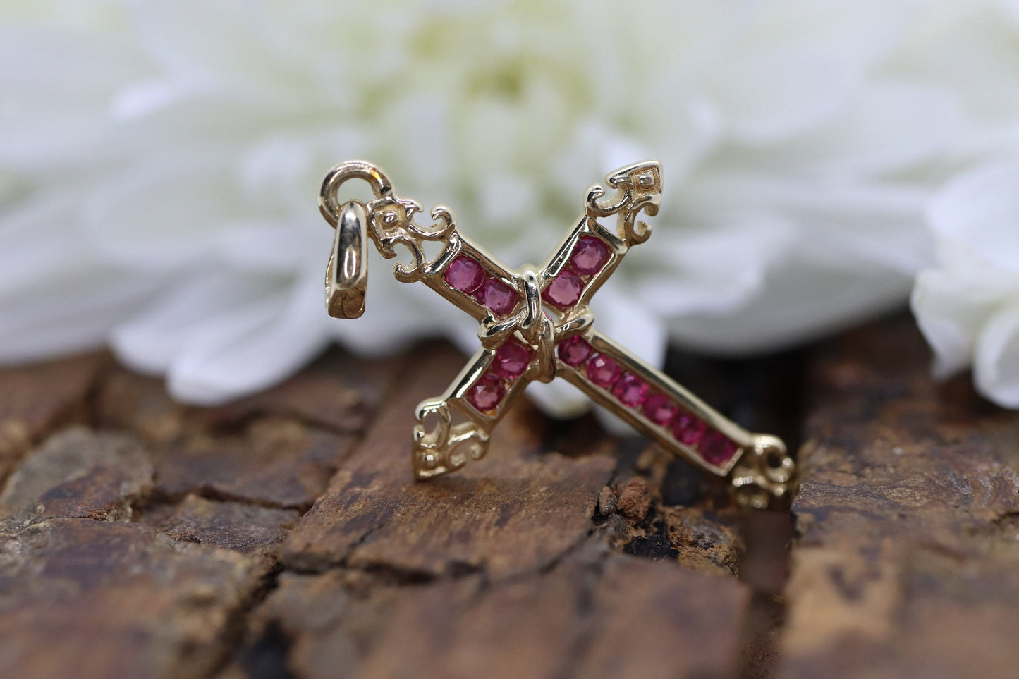 14k Ruby Cross Pendant. Crucifix Christian channel set rubies. st(80/50)