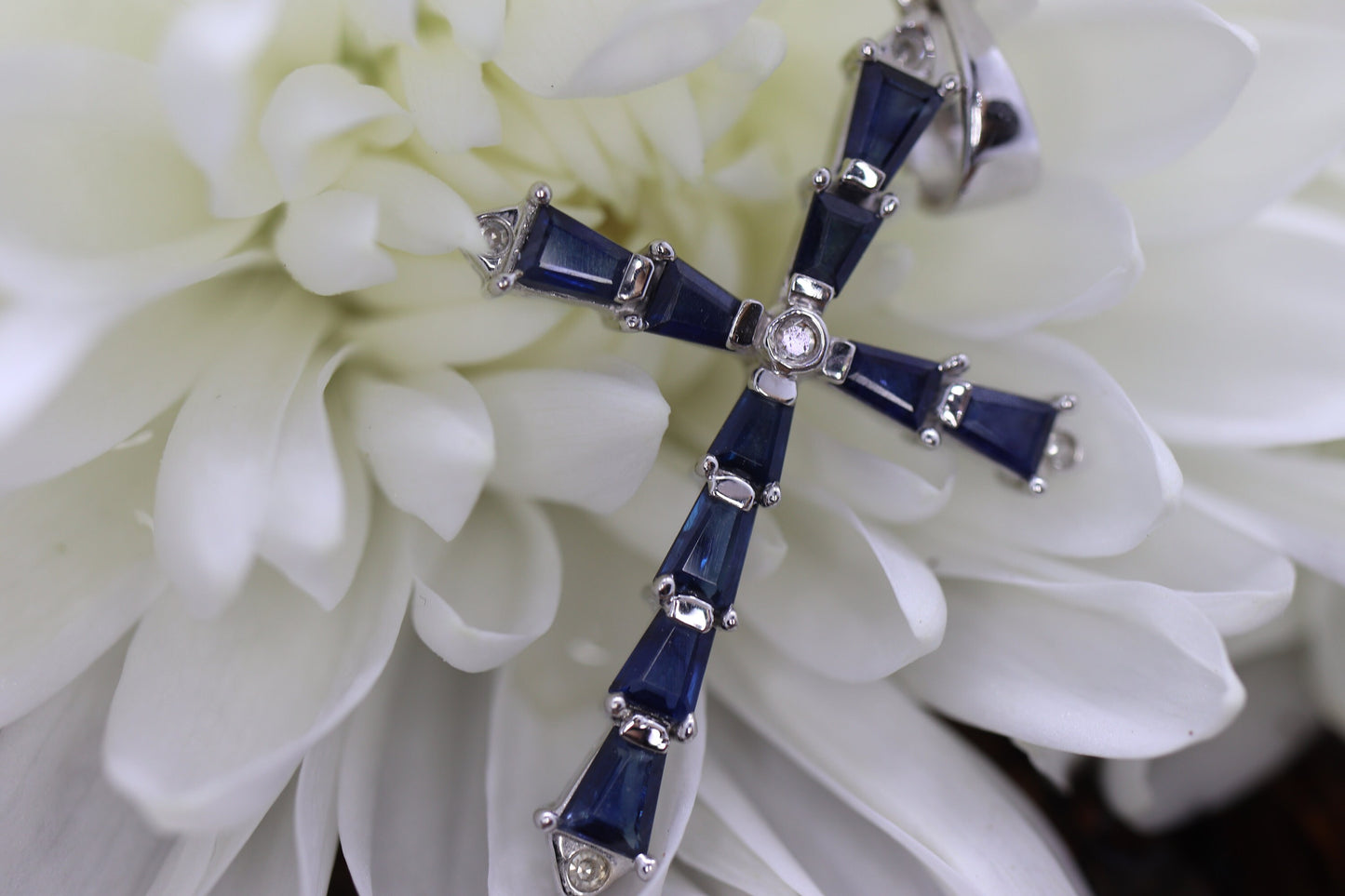 14k Sapphire and Diamond Cross Pendant. Crucifix Christian set baguette sapphires. st(115/11)