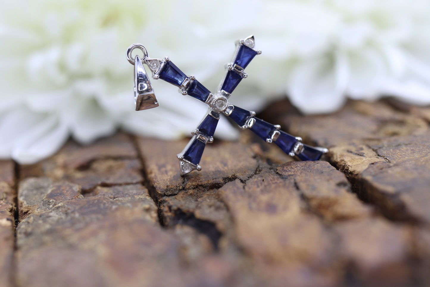 14k Sapphire and Diamond Cross Pendant. Crucifix Christian set baguette sapphires. st(115/11)