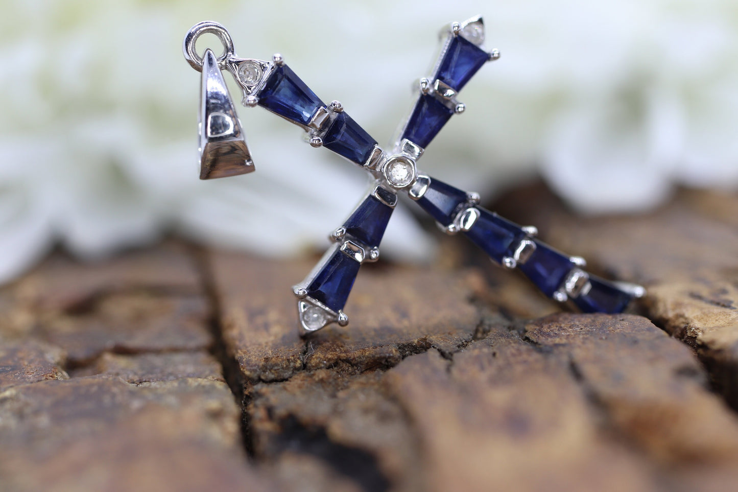 14k Sapphire and Diamond Cross Pendant. Crucifix Christian set baguette sapphires. st(115/11)
