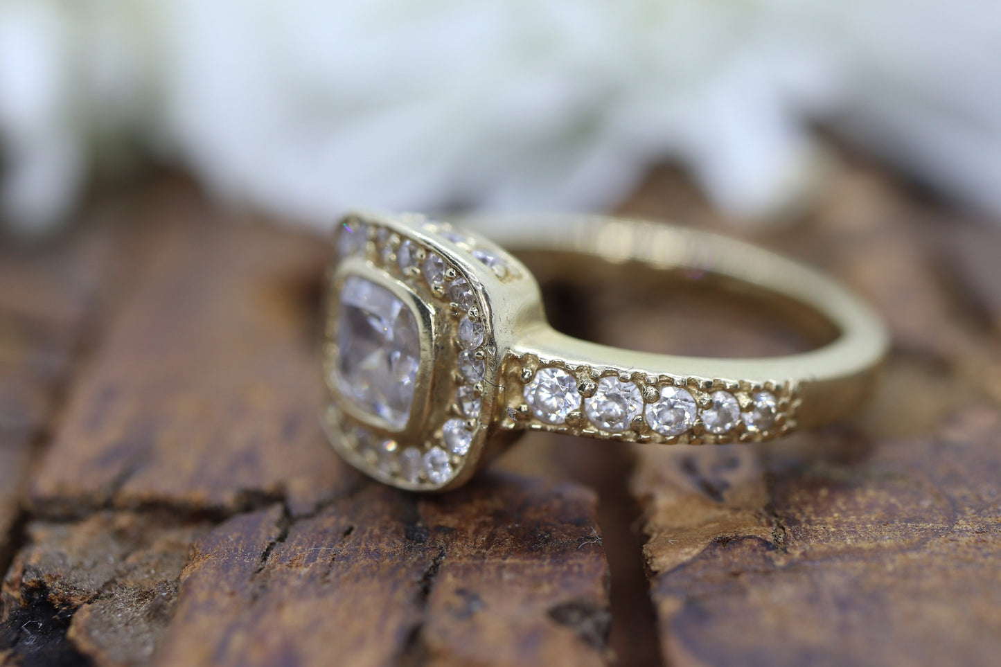 14k Bezel set Solitaire Ring. Yellow Gold and CZ wide Halo ring st(115/11)