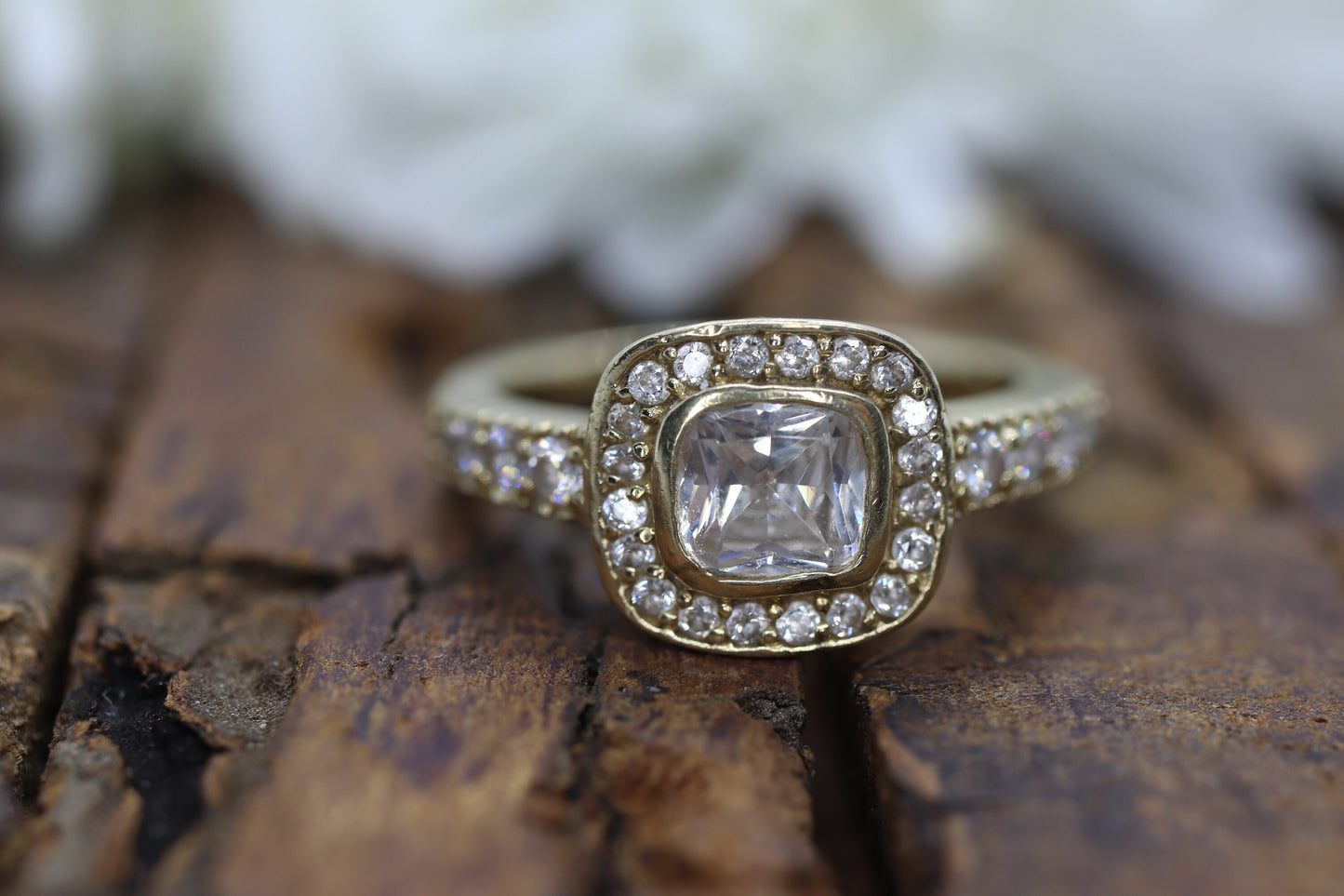 14k Bezel set Solitaire Ring. Yellow Gold and CZ wide Halo ring st(115/11)