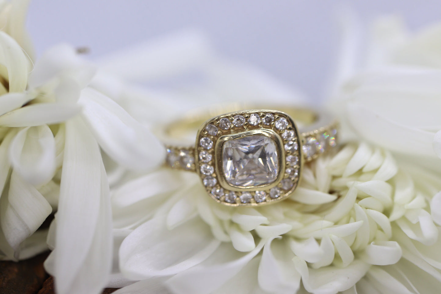 14k Bezel set Solitaire Ring. Yellow Gold and CZ wide Halo ring st(115/11)