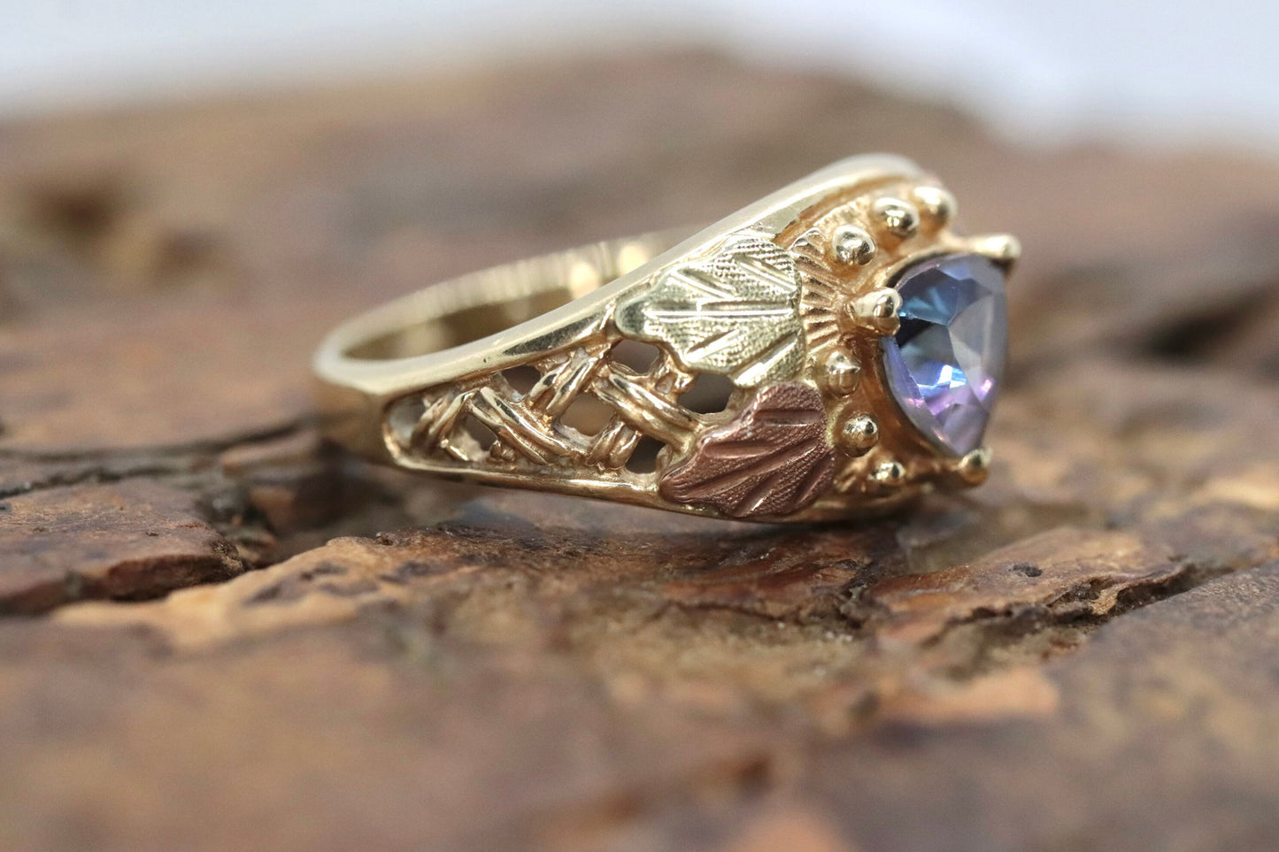 Black Hills Gold Ring. 10k Multi-Tone Mystic Topaz Trillion Black Hills Gold Statement Ring. st120/75