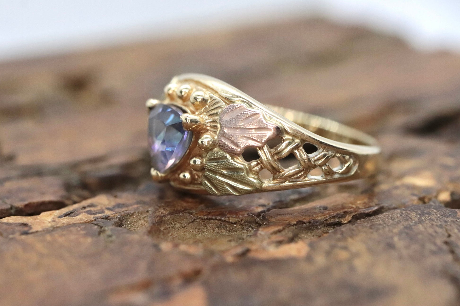 Black Hills Gold Ring. 10k Multi-Tone Mystic Topaz Trillion Black Hills Gold Statement Ring. st120/75