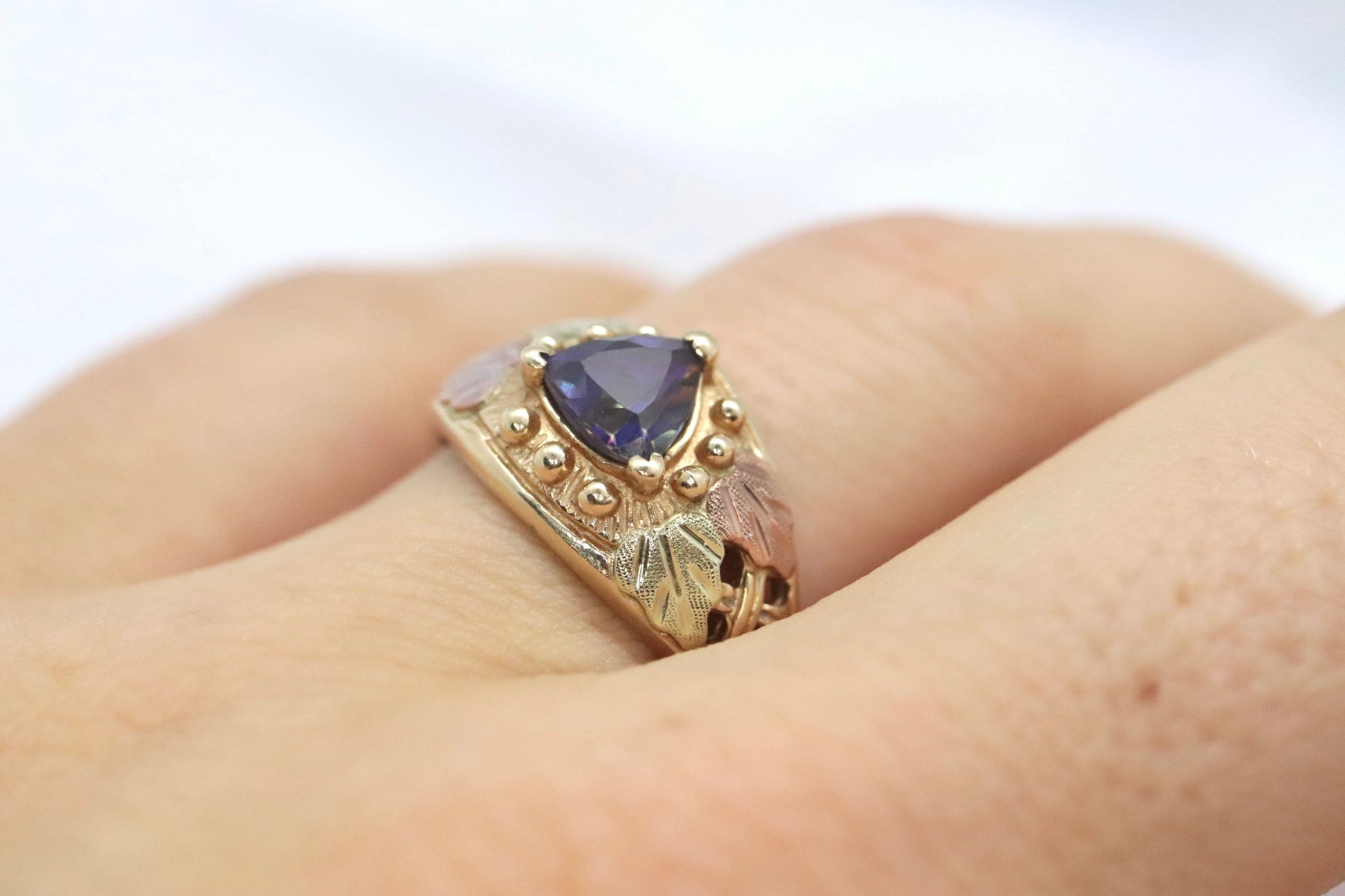 Black Hills Gold Ring. 10k Multi-Tone Mystic Topaz Trillion Black Hills Gold Statement Ring. st120/75