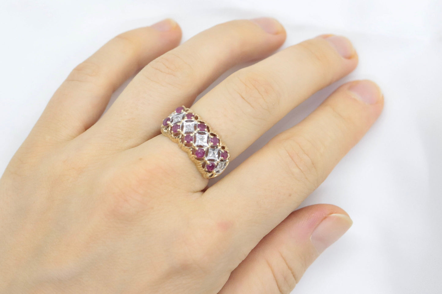14k Ruby and Diamond Wide Cluster Filigree ring. 14k Yellow Gold and diamond ruby statement band st115/00