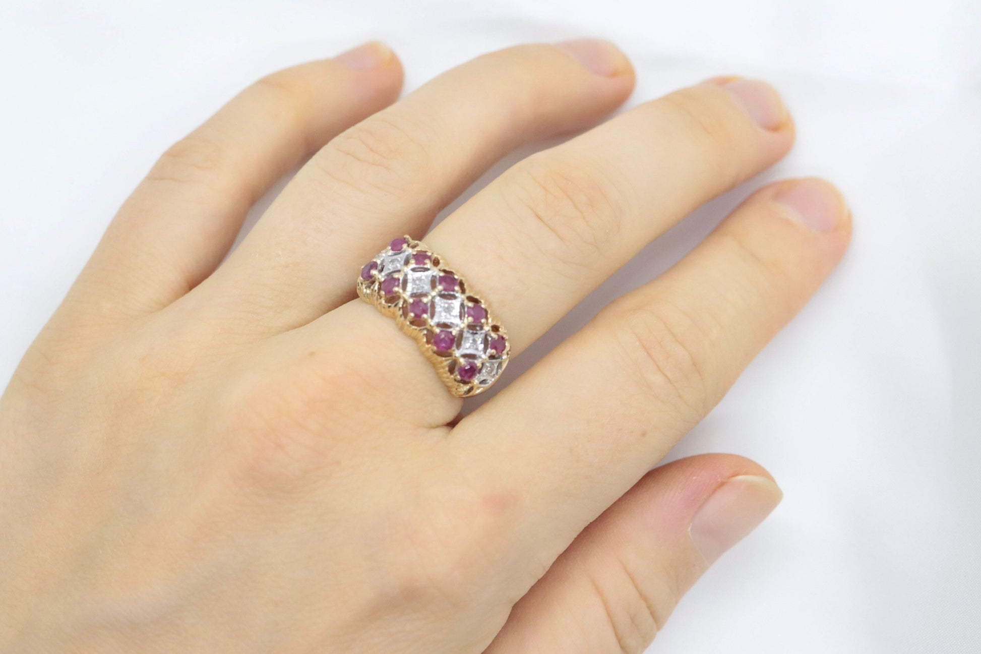 14k Ruby and Diamond Wide Cluster Filigree ring. 14k Yellow Gold and diamond ruby statement band st115/00