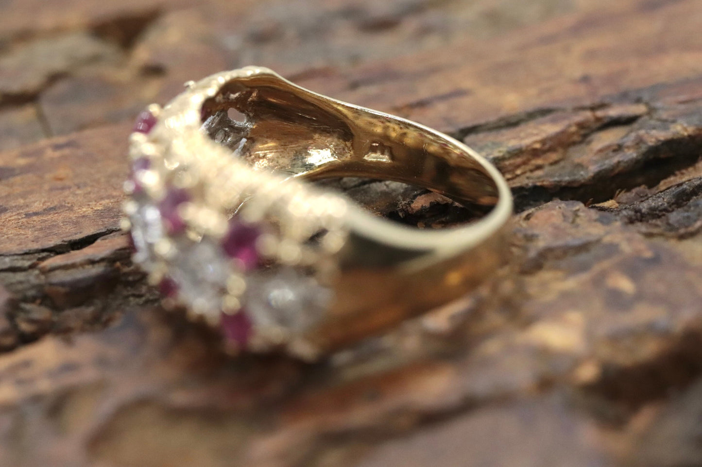 14k Ruby and Diamond Wide Cluster Filigree ring. 14k Yellow Gold and diamond ruby statement band st115/00