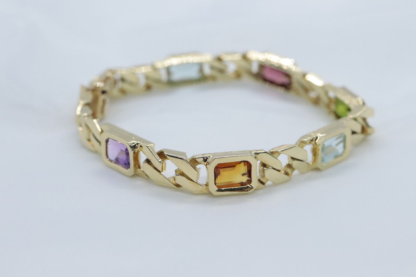 14k Heavy Multi-Color Gem Cuban Chain Bracelet. 23.6g 14k Cuban Chain Bezel Chain Bracelet. Citrine Amethyst Garnet Peridot st (622/15)