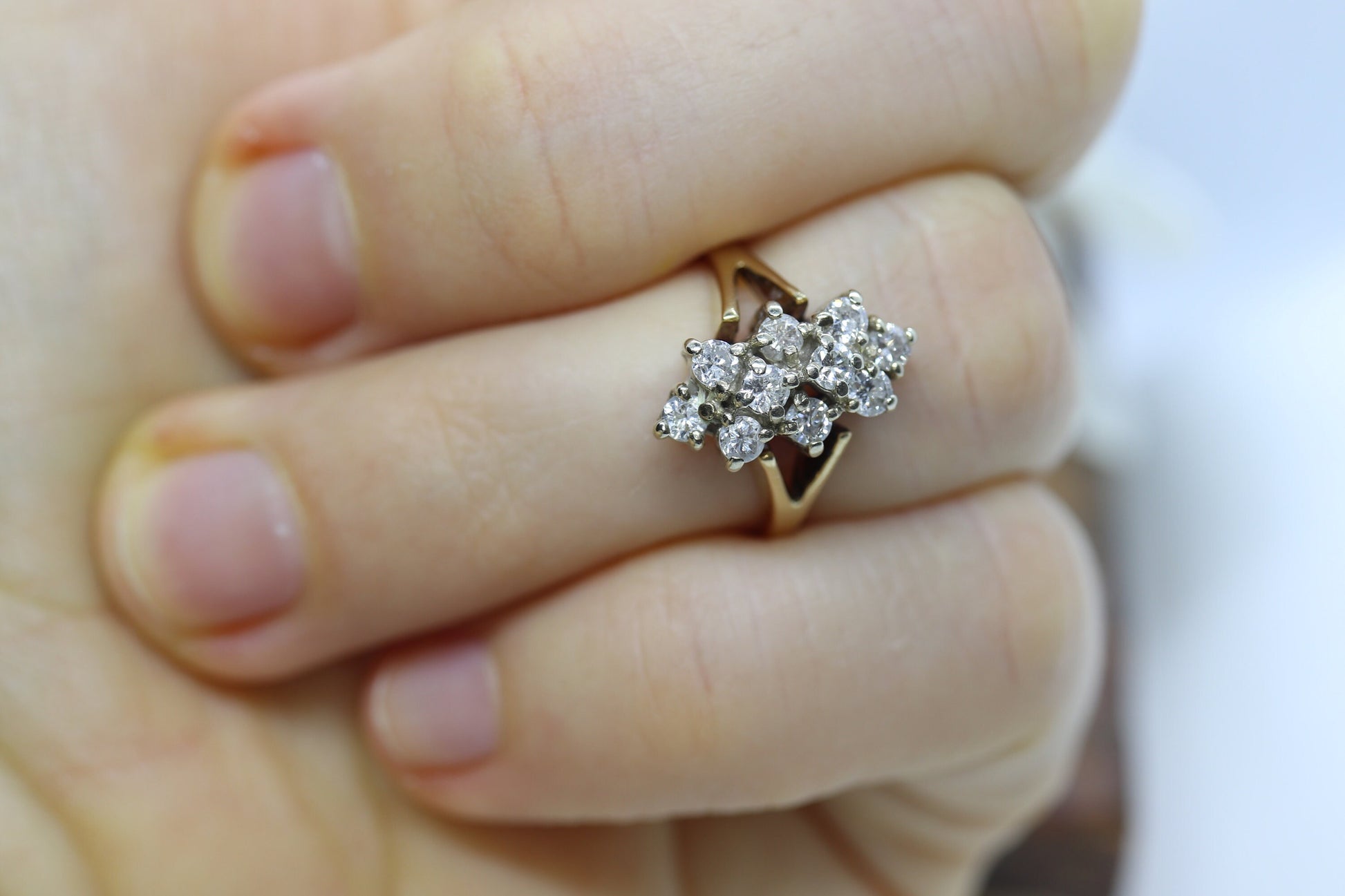 Vintage 14k Yellow Gold Ring. Round Diamond Cluster Ring. Waterfall diamond. 0.40ctw Engagement Ring. sz 3.5 st161/11