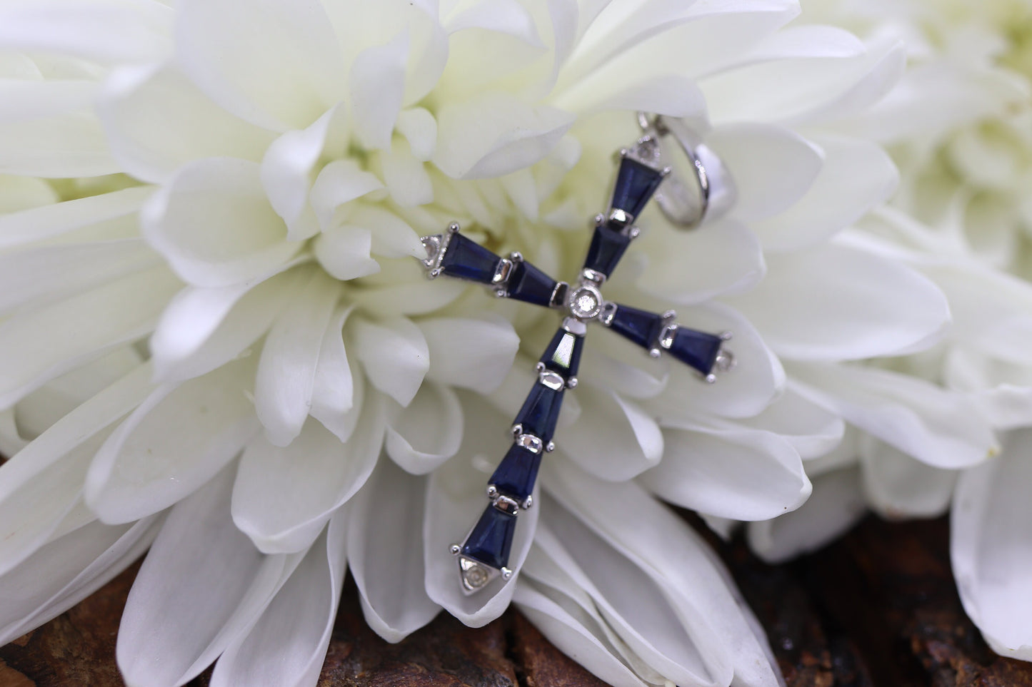 14k Sapphire and Diamond Cross Pendant. Crucifix Christian set baguette sapphires. st(115/11)