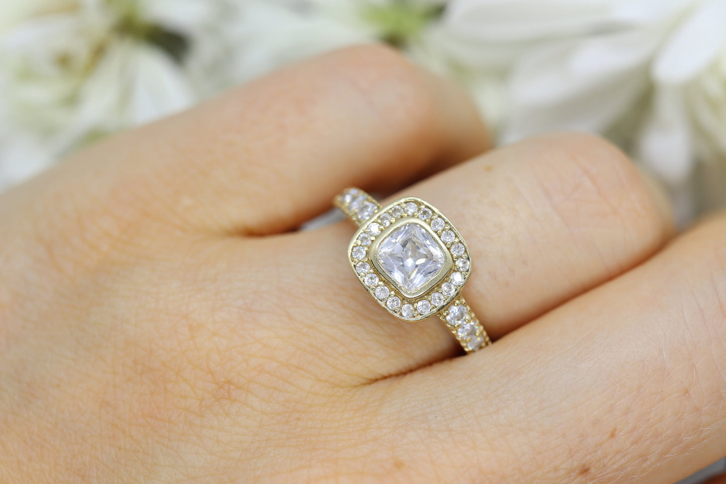 14k Bezel set Solitaire Ring. Yellow Gold and CZ wide Halo ring st(115/11)