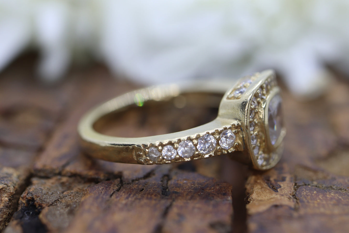 14k Bezel set Solitaire Ring. Yellow Gold and CZ wide Halo ring st(115/11)