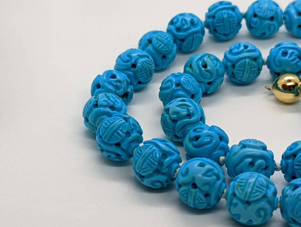 Sleeping Beauty Turquoise Bead Necklace. Hand Carved 14mm Shou Dragon Beads. Sky Robin Egg Blue. Stock 57/50