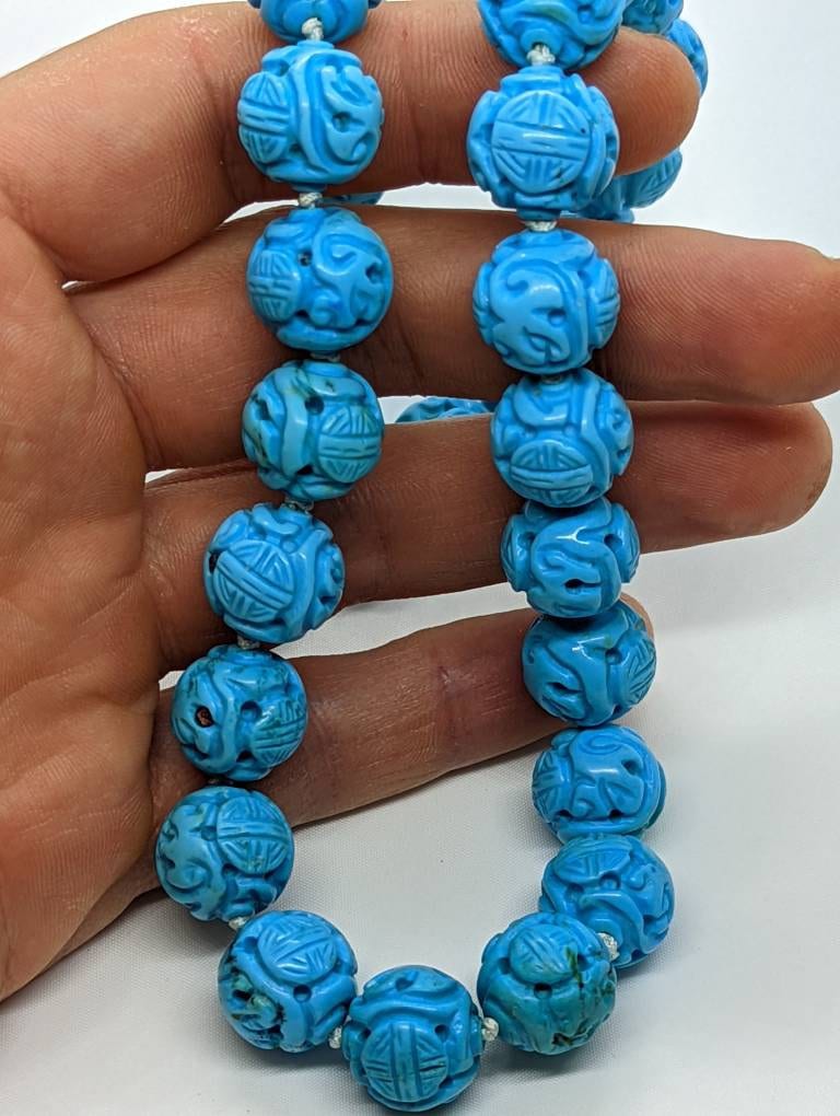 Sleeping Beauty Turquoise Bead Necklace. Hand Carved 14mm Shou Dragon Beads. Sky Robin Egg Blue. Stock 57/50