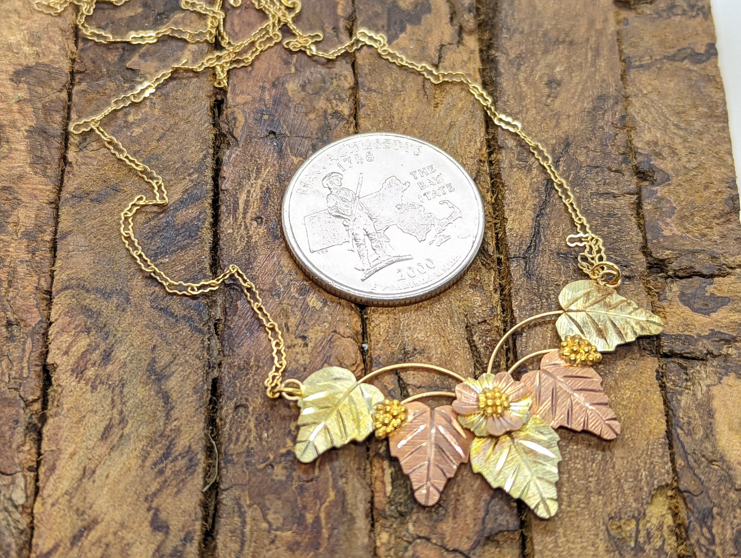 Black Hills Gold Necklace. Heavy Vintage 10k Pendant and Necklace made by Black Hills Gold. stock 54/63