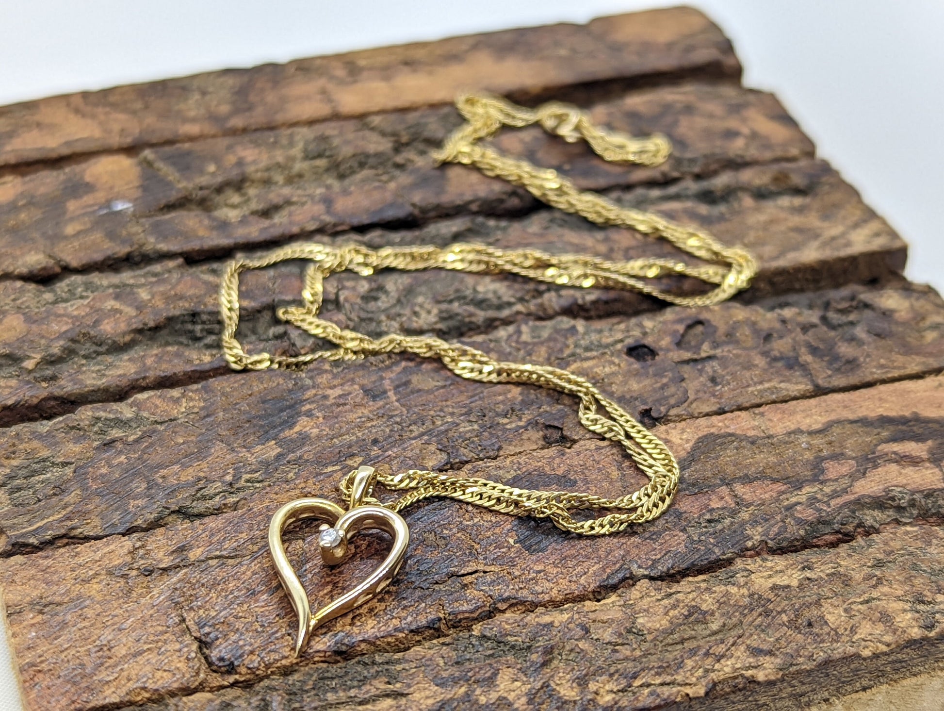 14k Open Heart Gold Diamond  Pendant. Open heart diamond curb chain Necklace. stock80/50
