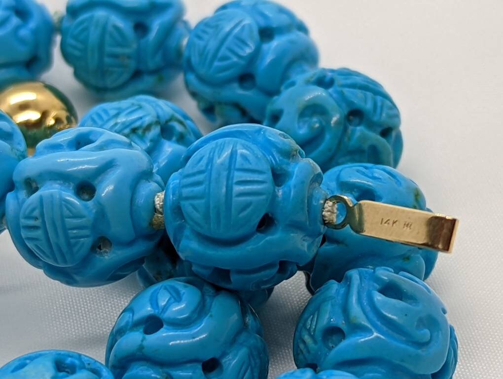 Sleeping Beauty Turquoise Bead Necklace. Hand Carved 14mm Shou Dragon Beads. Sky Robin Egg Blue. Stock 57/50