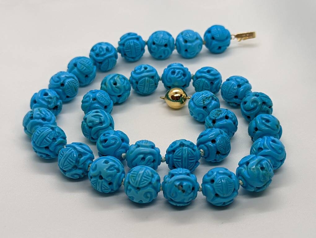 Sleeping Beauty Turquoise Bead Necklace. Hand Carved 14mm Shou Dragon Beads. Sky Robin Egg Blue. Stock 57/50