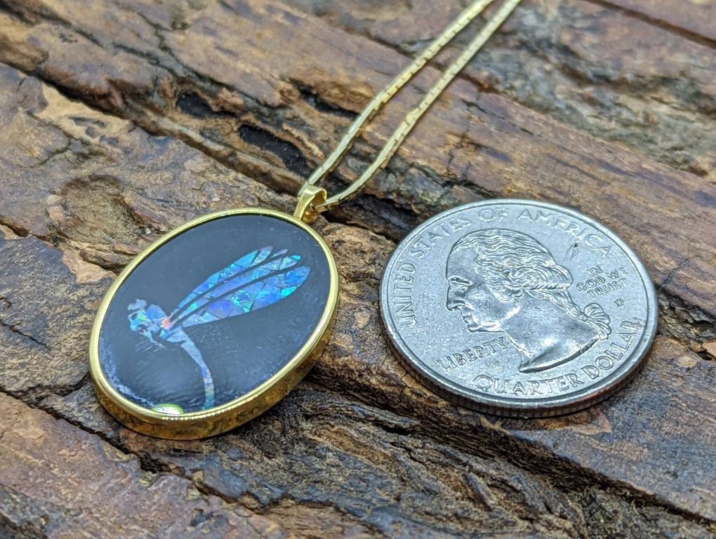 Opal Mosaic Onyx Pendant. 14k Yellow Gold Medallion. Dragonfly Dragon fly cluster opal inlay onyx charm necklace. (st117/87)